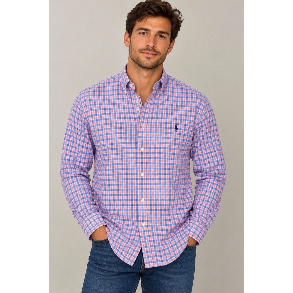 Ralph Lauren Mens 2XB Big Plaid Button Down Shirt Pink Blue Pony Long Sleeve